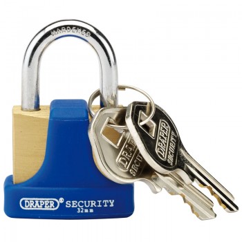 Solid Brass Padlock and 2 Keys with Hardened Steel Shackle and Bumper, 32mm